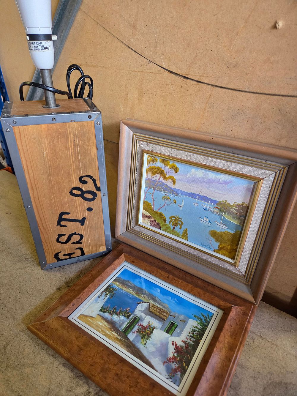 Lot 417 – A Trio comprising a Noreen Pike Harbour Scene Oil Painting, a Mediterranean Coastal Scene, and a Wooden Box Lamp Base