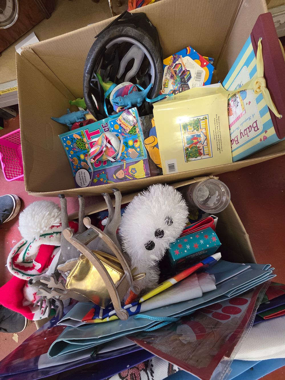 Lot 156 – Two boxes of Children’s Toys, Books, and Festive Accessories