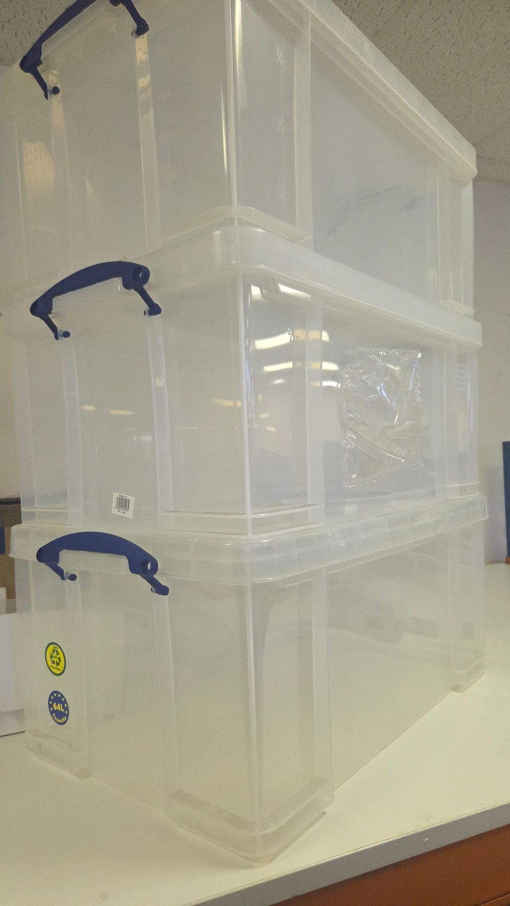 Lot 184 – Three 64 Litre Clear Plastic Storage Box with Blue Clip-Lock Handles