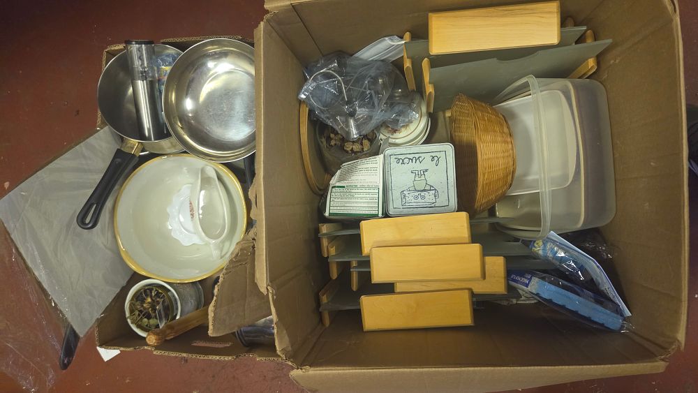 Lot 231 – Two Boxes of Assorted Kitchenware, Domestic Storage Solutions, and Household Items