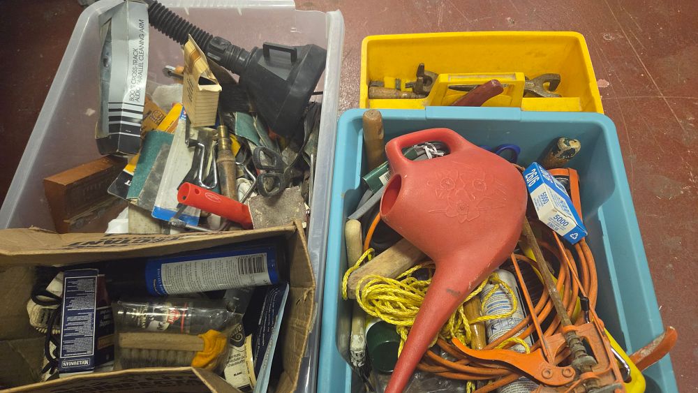 Lot 236 – Two Boxes of Vintage Workshop Tools, Household Maintenance Items, and Utility Sundries