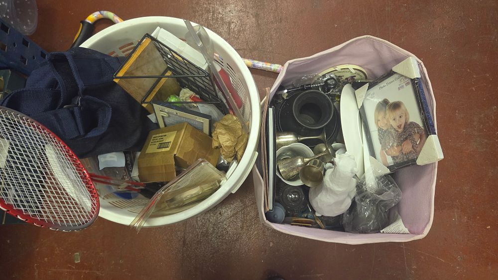 Lot 238 – Box and Basket of Household Sundries, Decorative Objects, and Sporting Goods