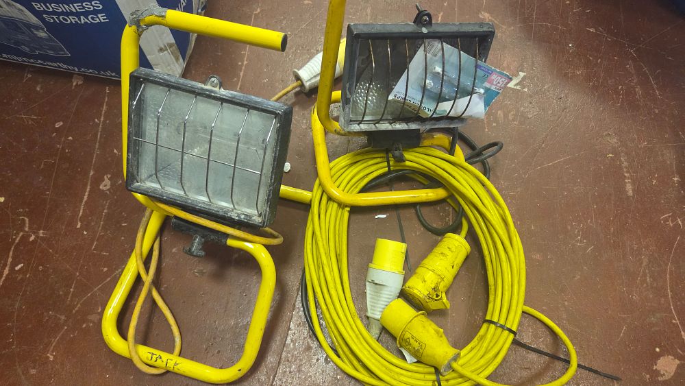 Lot 271 – Two Portable 110v Halogen Site Work Lights and Industrial 110v Extension Cable