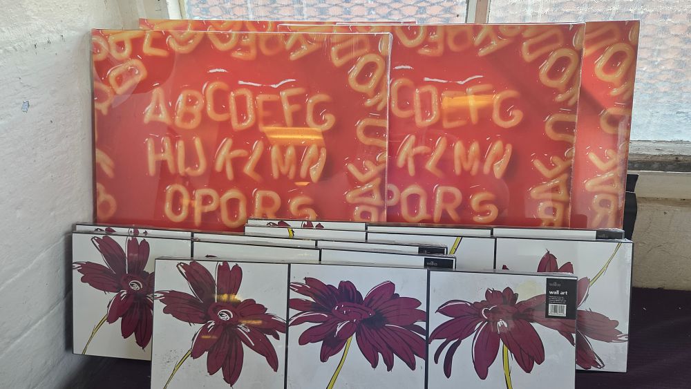 Lot 192 – Five Wilko Wall Art in Floral and Four Alphabet Pasta Designs Canvases