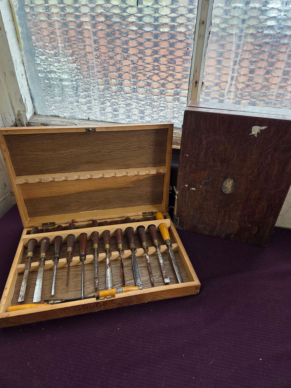 Lot 348 – A Collection of Woodworking Gouges in a Fitted Case and a Further Dark Wood Box