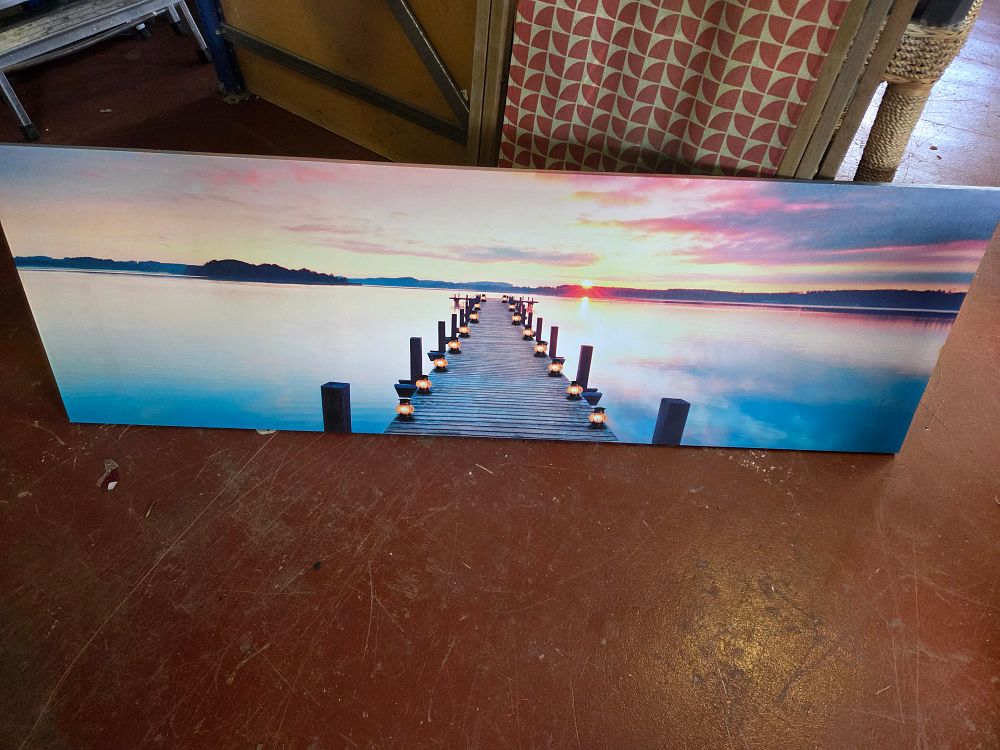 Lot 377 – Contemporary Light up Panoramic Canvas Print Evening by the Lake Pier with Setting Sun w/o