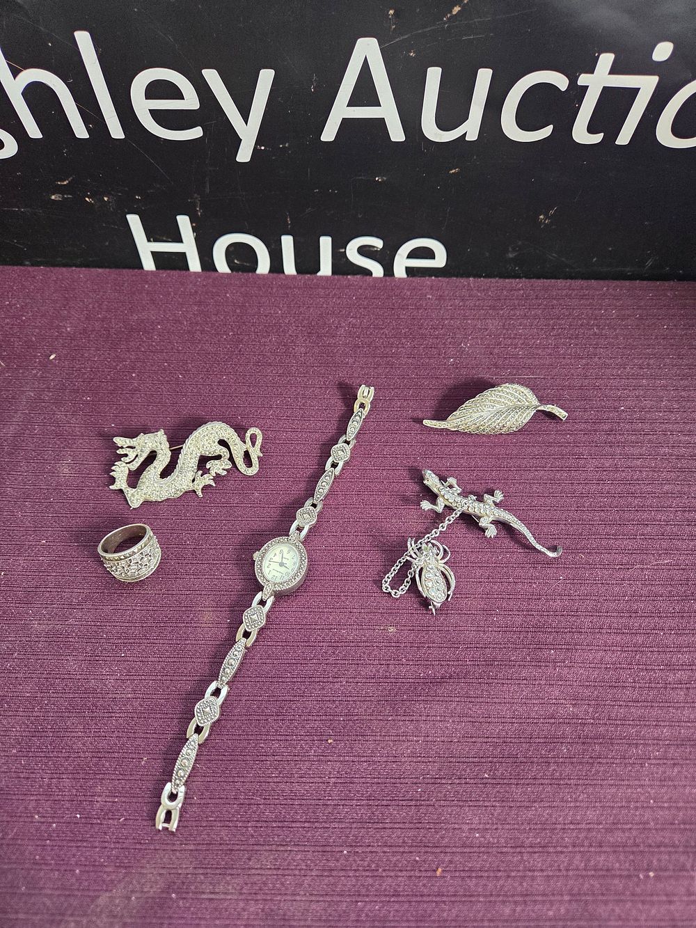 Lot 632 – An Assortment of Vintage Marcasite Set Costume Jewellery and a Ladies’ Bracelet Watch including 925 Silver items (dragon brooch and ring) weighing 18.32g