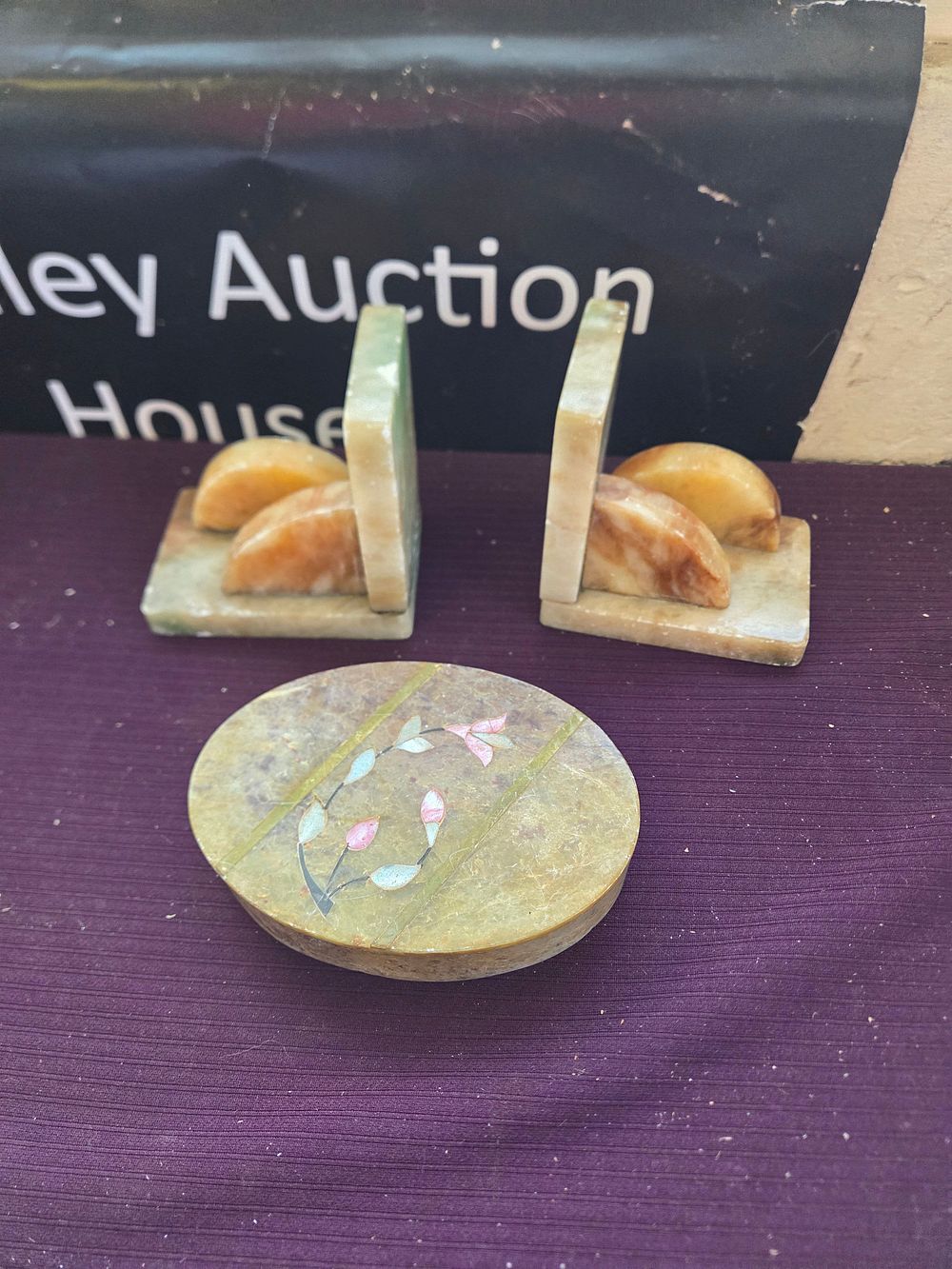 Lot 642 – A Trio of Decorative Stone Objects comprising Carved Onyx Bookends and an Inlaid Soapstone Trinket box