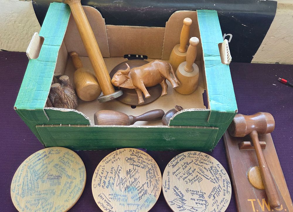 Lot 156 – A Collection of Fraternal and Masonic Wooden Memorabilia including Gavels and Signed Presentation Plaques
