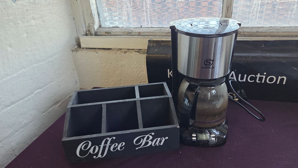 Lot 161 – Two items comprising a Superlex filter coffee machine and a wooden coffee bar organiser