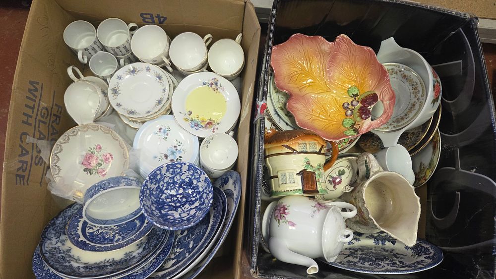 Lot 185 – Two Boxes of British Decorative and Functional Ceramics including Tea Wares, Transfer-Printed Items, and Novelty Pieces