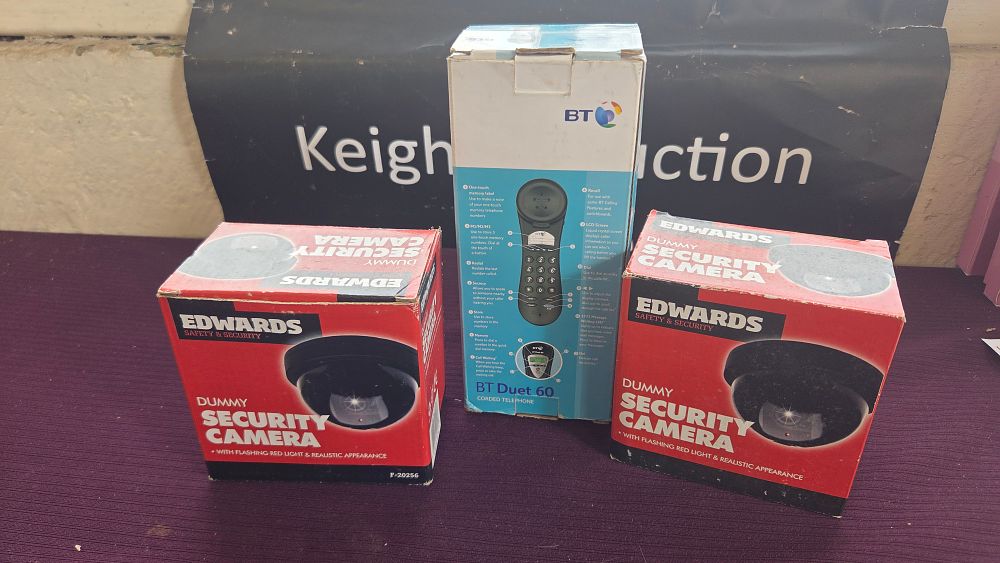 Lot 206 – A Trio of Boxed Electronics comprising Two Edwards Dummy Security Cameras and a BT Duet 60 Corded Telephone