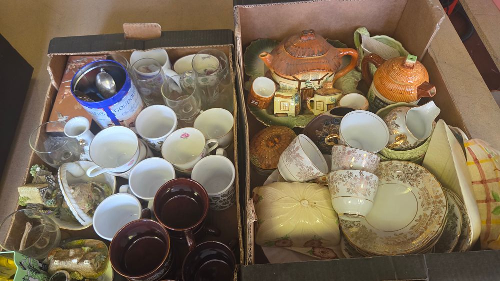 Lot 235 – Two Boxes of Decorative Ceramics Tableware and Glassware including Novelty Cottage Teapots