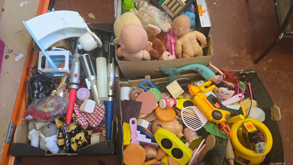 Lot 250 – Three Boxes of Assorted Children’s Toys and Play Accessories including NERF and Melissa and Doug Items