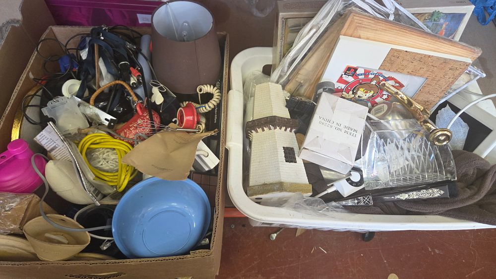 Lot 252 – Box and Basket of Mixed Household Goods Decorative Ornaments and Small Electronics