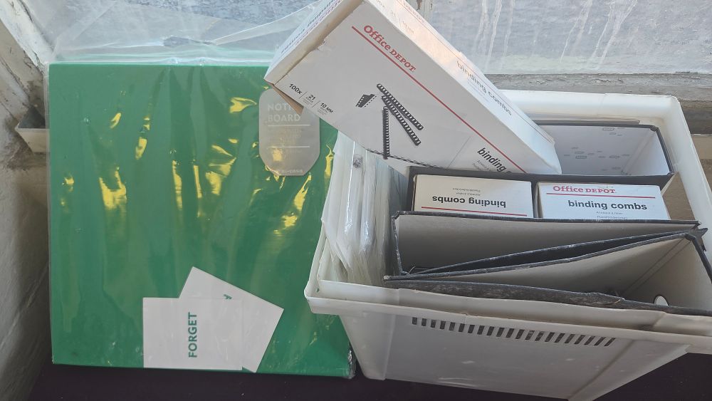 Lot 262 – An Assortment of Office Stationery and Supplies Including Office Depot Binding Combs and bi-casa Notice Board
