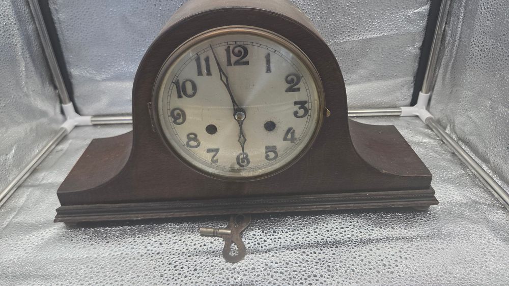 Lot 307 – Early 20th Century Wooden Tambour Mantel Clock with German Movement