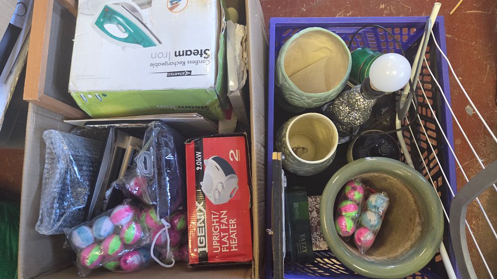 Lot 334 – Two Boxes of Small Domestic Appliances Ceramics and Household Sundries including Igenix Heater and Startec Steam Iron