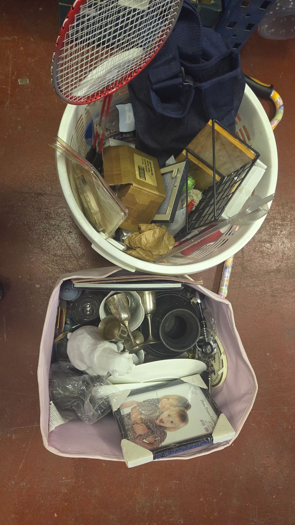 Lot 303 – Box and Basket of Household Sundries, Decorative Objects, and Sporting Goods