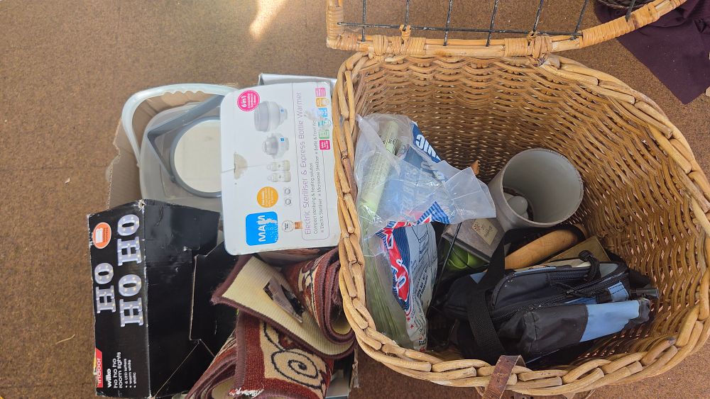 Lot 371 – Box and Basket of Household Goods, Baby Equipment, and Pet Accessories