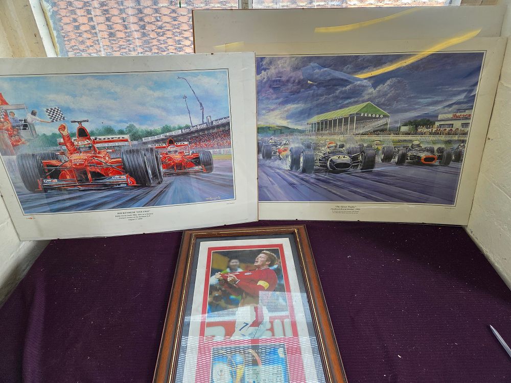 Lot 389 – A Trio of Sports Memorabilia comprising John Saunders Motorsport Prints and a 2002 FIFA World Cup Framed Display