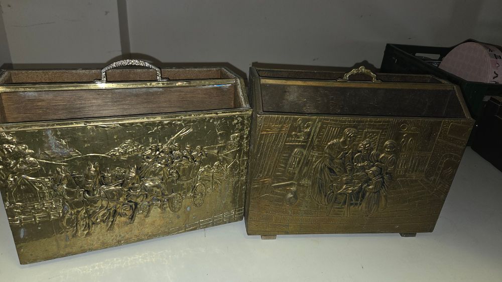 Lot 278 – A Pair of Vintage Embossed Brass and Wood Magazine Racks