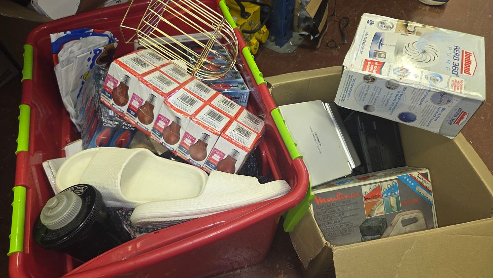 Lot 321 – Two Boxes of Household Goods and Small Electronics Including Unibond, Moulinex, and Status Brands