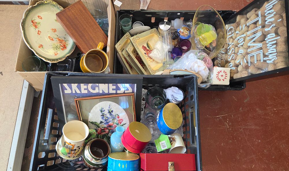 Lot 250 – Three Boxes of Household Decorative Objects, Ceramics, Glassware, and Framed Prints