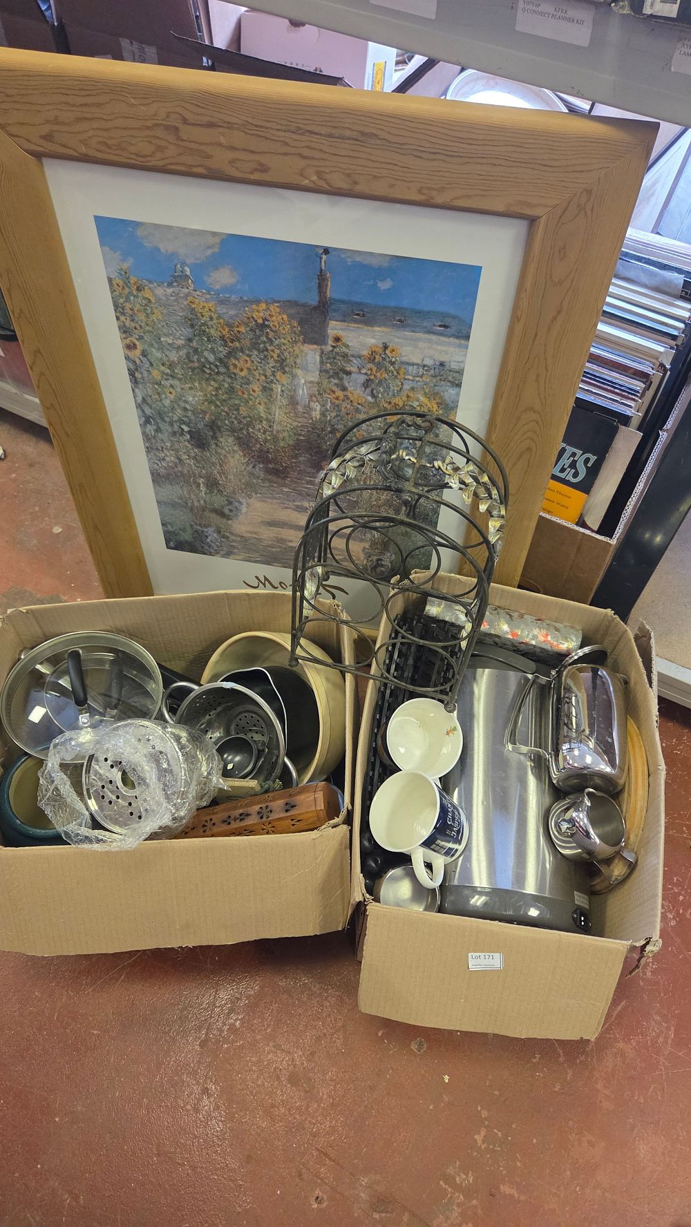 Lot 316 – Two Boxes of Kitchenware and Household Items. Including A Framed Landscape Print