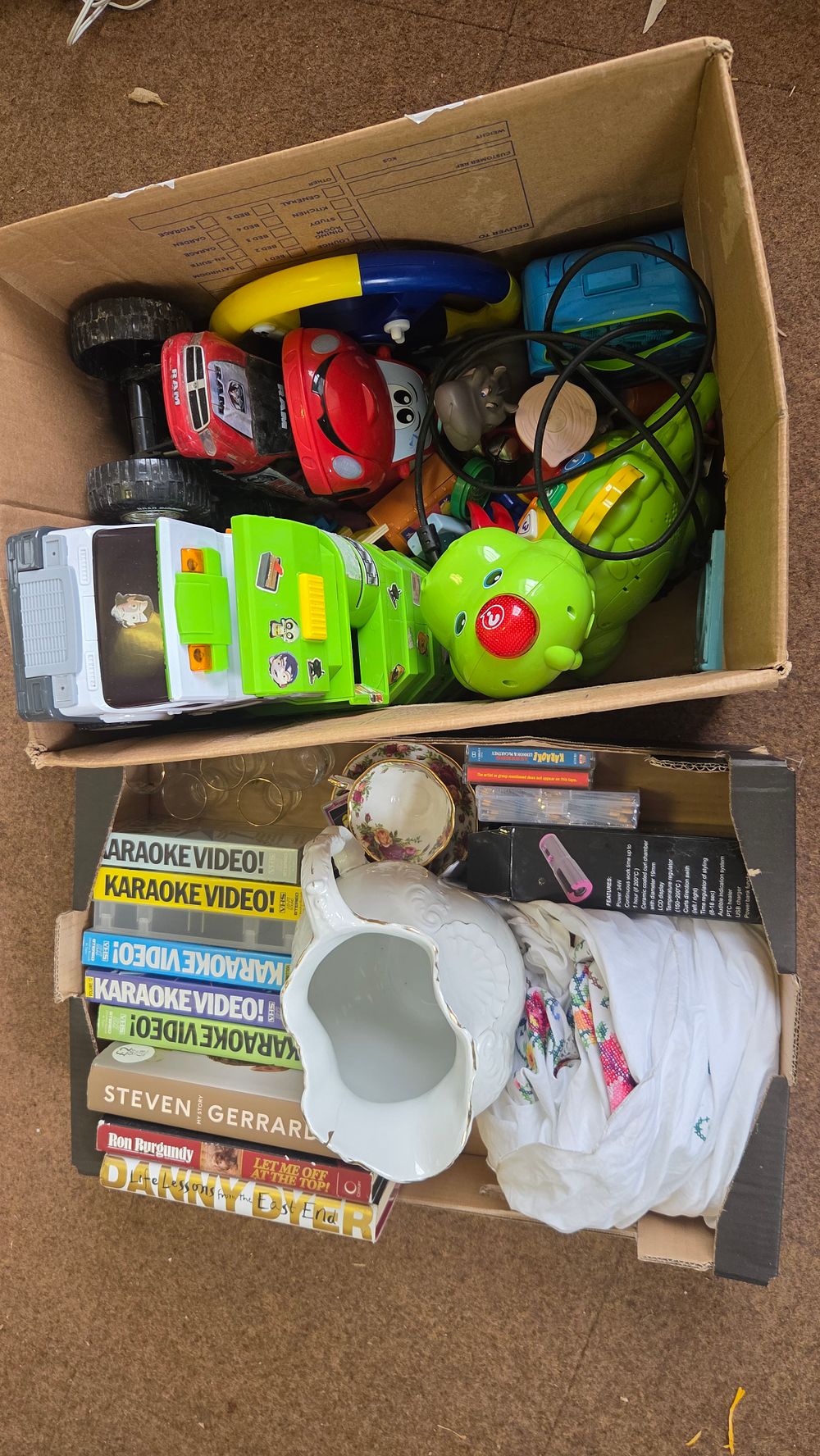 Lot 347 – Two Boxes of Household Goods, Media, and Plastic Toys
