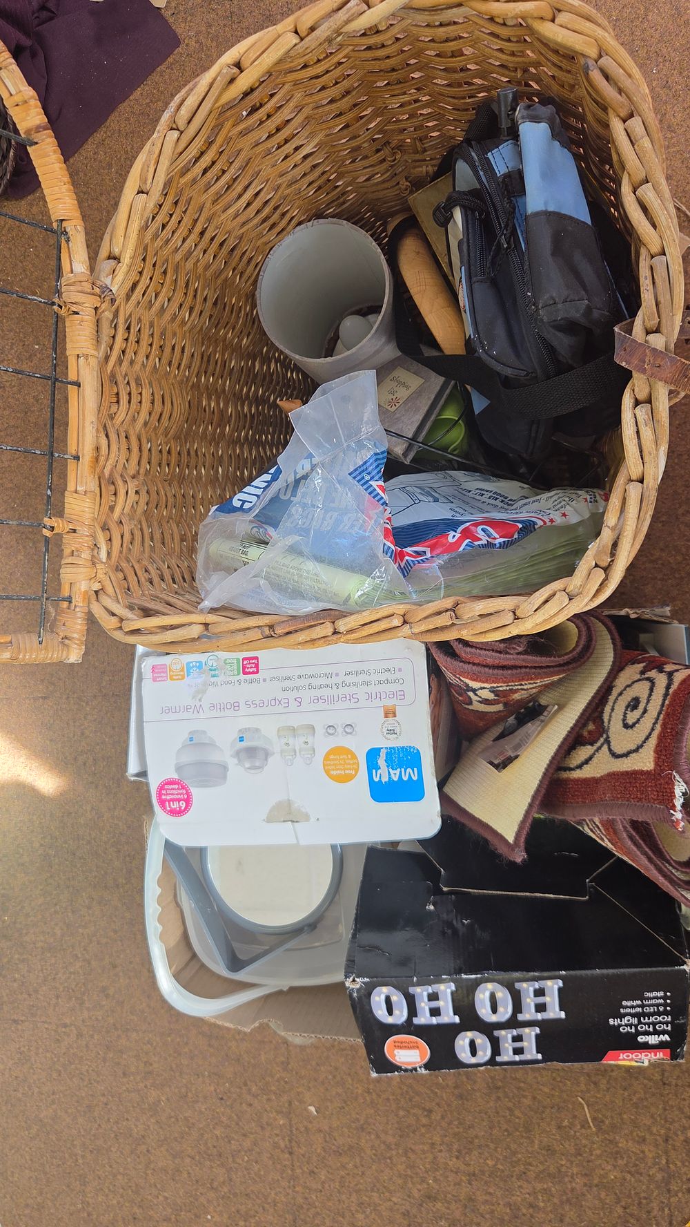Lot 352 – Box and Basket of Household Goods, Baby Equipment, and Pet Accessories