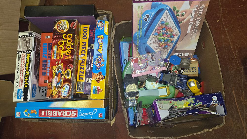 Lot 329 – Two Boxes of Assorted Board Games, Puzzles, and Loose Toys including Mattel and Drumond Park