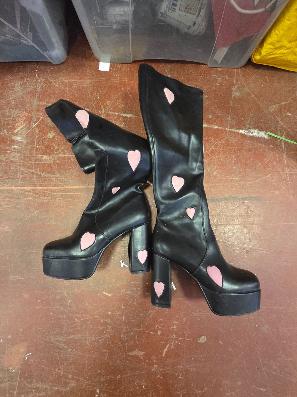 Lot 406 – A Pair of Black and Pink Heart Detail Synthetic Leather Platform Knee High Boots in the Style of Lamoda Size 6
