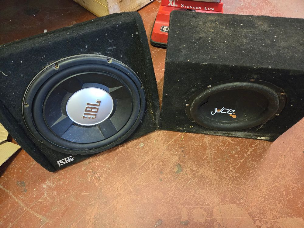 Lot 435 – Two Car Audio Subwoofers in Carpeted Enclosures Featuring JBL and Juice Branded Speakers