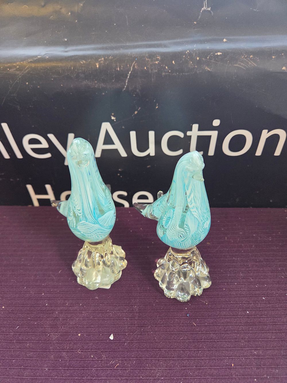 Lot 628 – A pair of zanfirico art glass bird figurines in the style of Murano