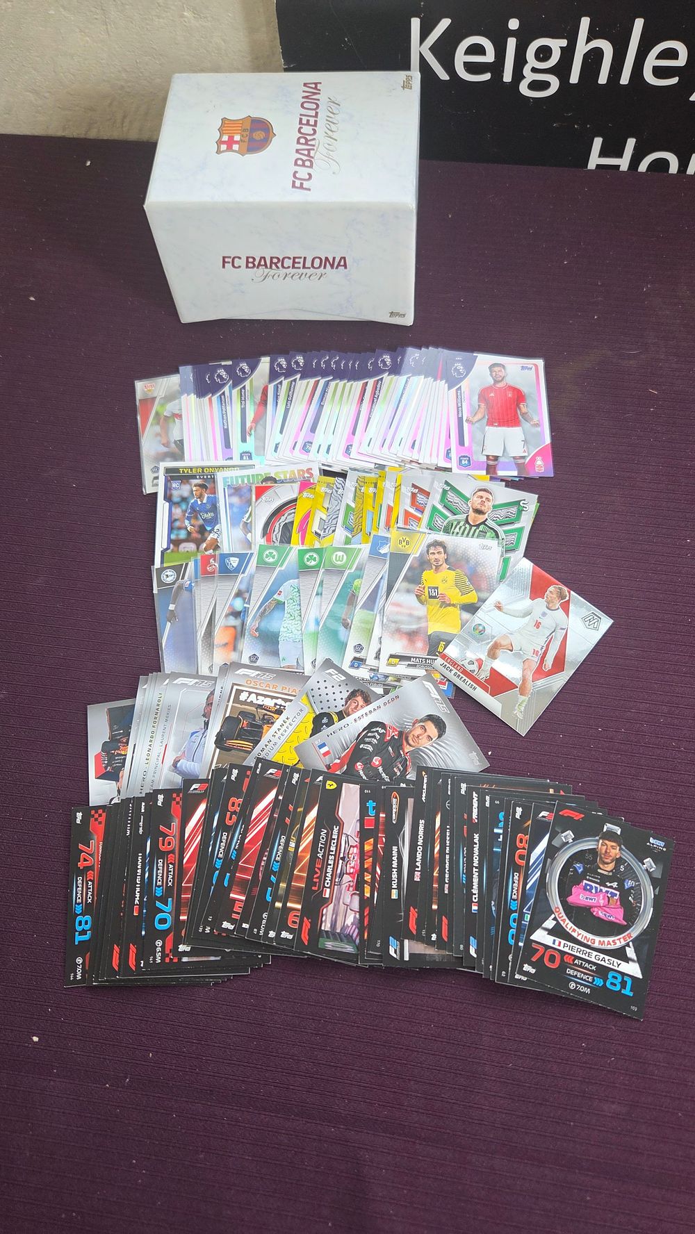 Lot 170 – A Collection of Modern Formula 1 and Football Trading Cards with a Branded FC Barcelona Storage Box