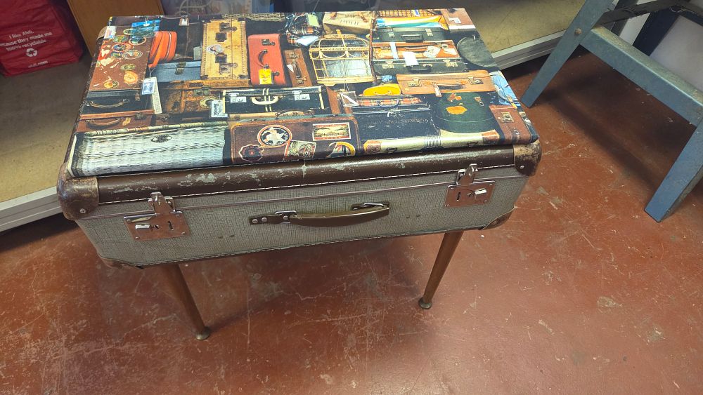 Lot 201 – Upcycled Mid-Century Style Vintage Suitcase Side Table with Decorative Collage Panels