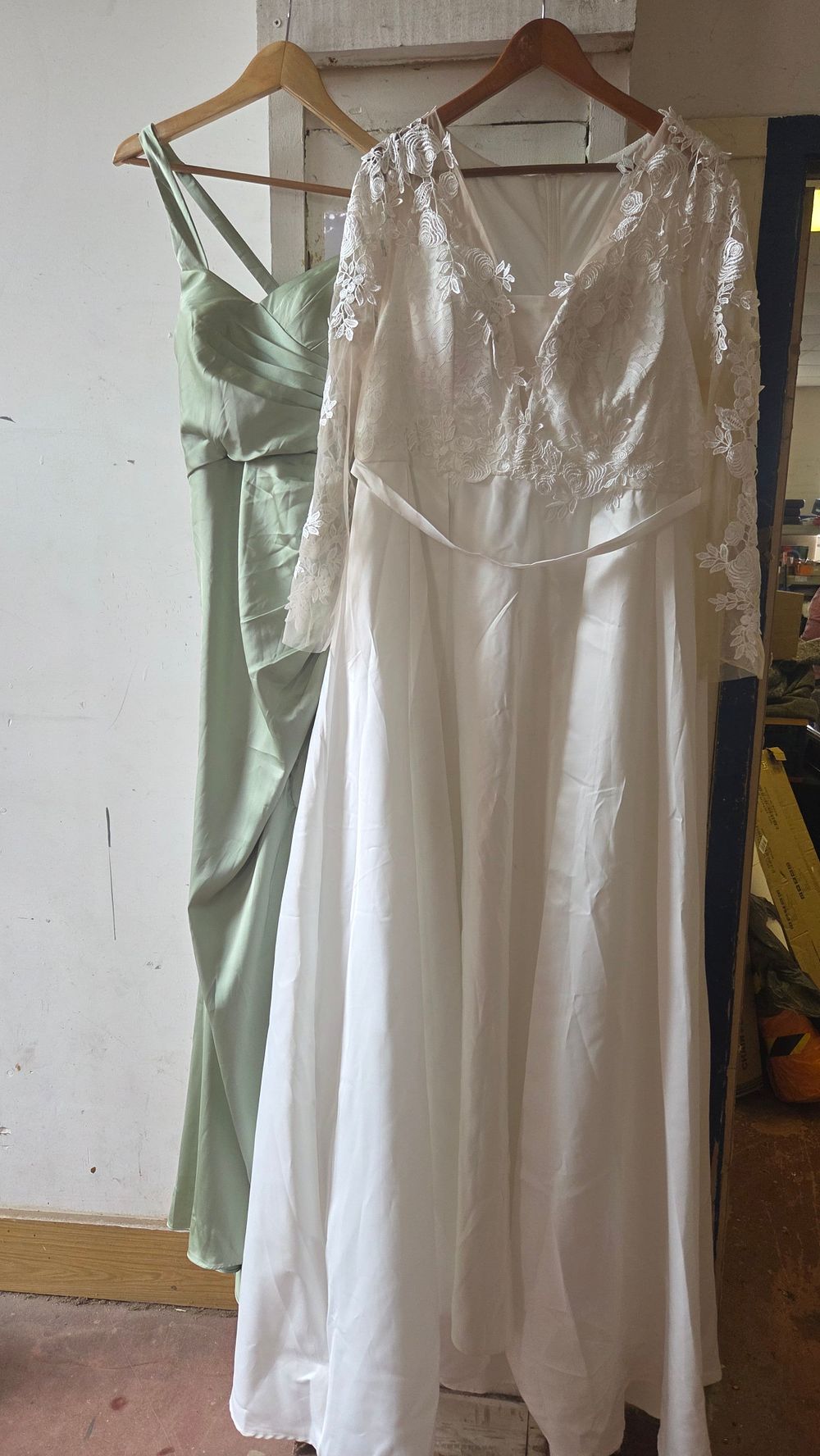 Lot 280 – Two contemporary formal gowns including a white lace wedding dress and a Duntery bridesmaid dress