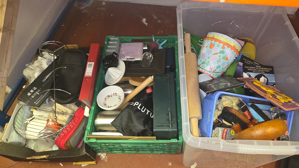 Lot 185 – Three Boxes of Household Sundries, Kitchenalia, Media, and Storage Containers