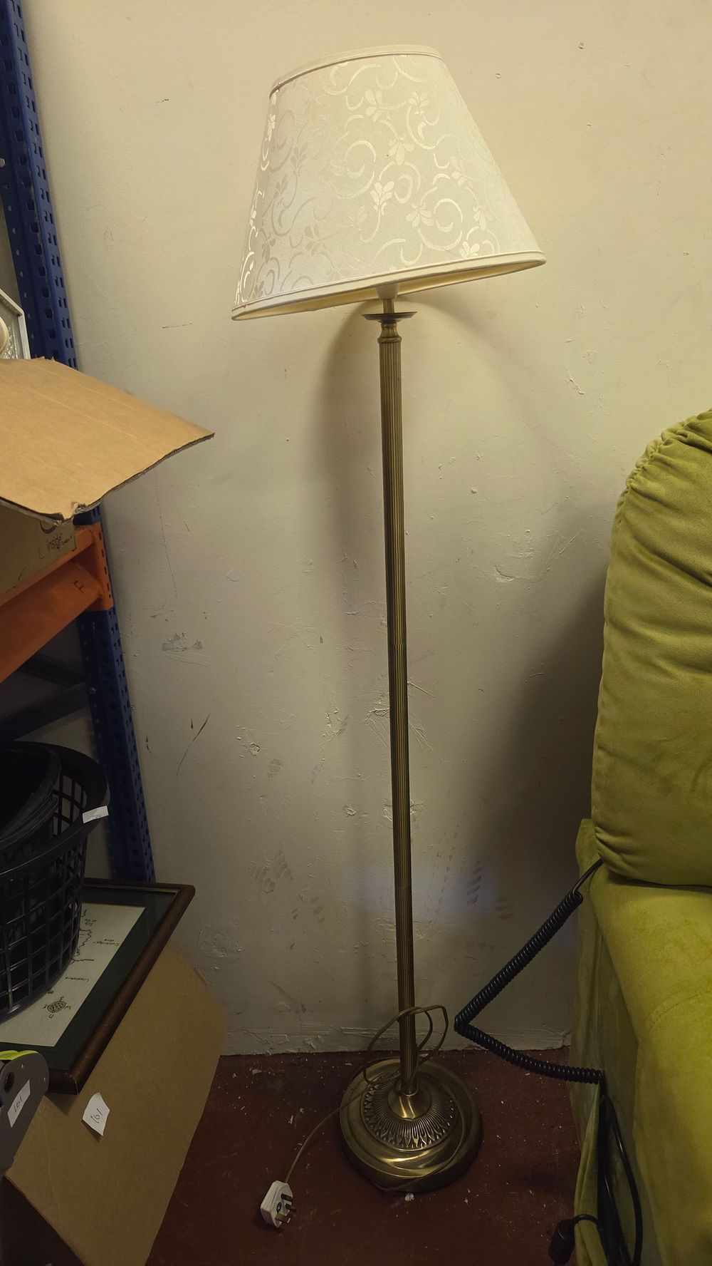 Lot 270 – Late 20th Century Fluted Brass Finish Floor Lamp with Patterned Fabric Shade