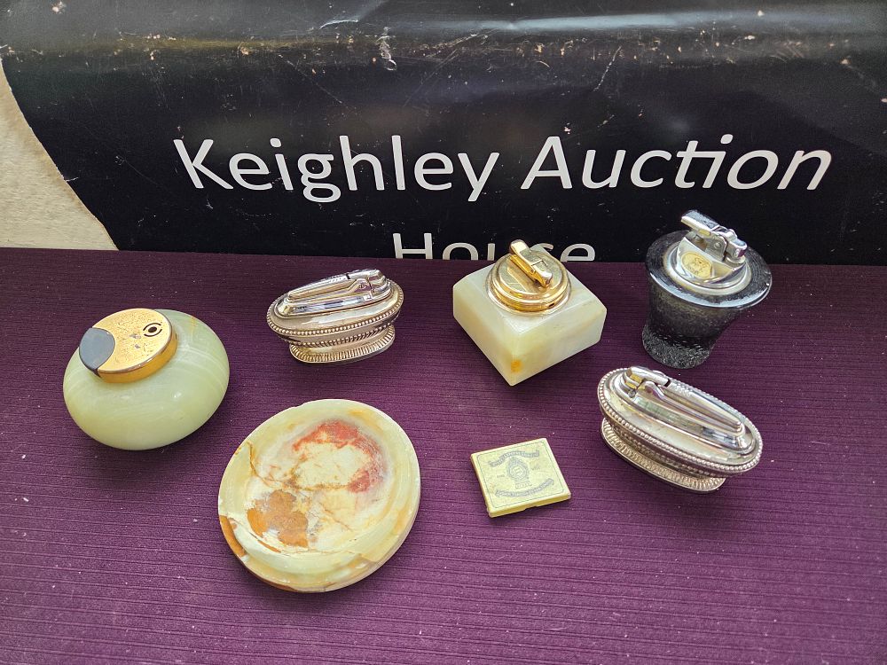 Lot 604 – A Collection of Vintage Table Lighters and Tobacciana including Onyx and Silver-tone Examples