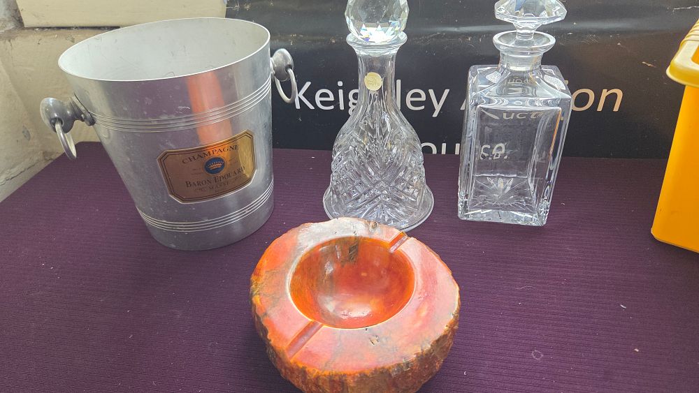 Lot 168 – A Collection of Barware and Decorative Items including Lead Crystal Decanters, a Champagne Ice Bucket, and a Stone Ashtray