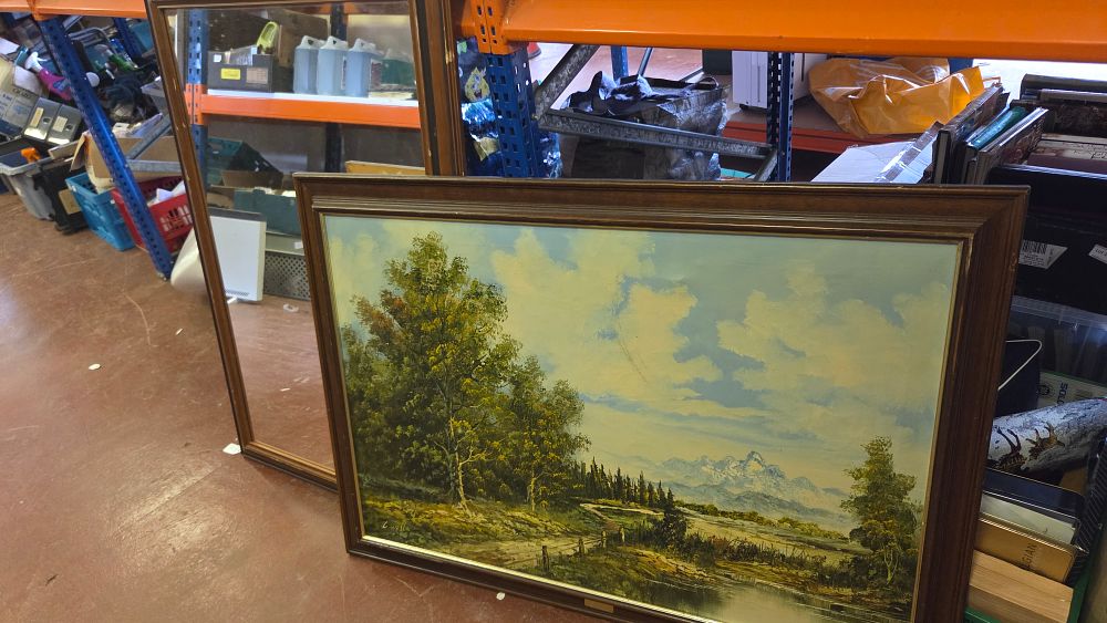 Lot 178 – C. Wells, Wooded Landscape with Mountains, Oil on Board and Mirror