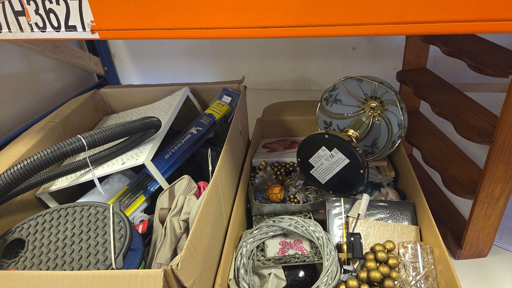Lot 200 – Two Boxes of Miscellaneous Household Goods, Automotive Accessories, and Decorative Items