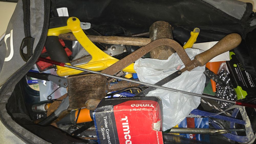 Lot 202 – A Collection of Assorted Hand Tools, Fixings, and Accessories in a Fabric Tool Bag