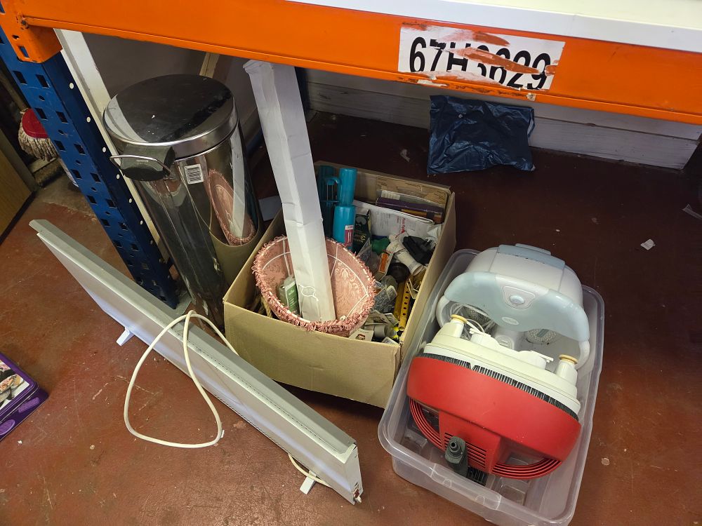 Lot 221 – An Assortment of Domestic Household Items and Small Appliances including Scholl Foot Spa and Stainless Steel Bin