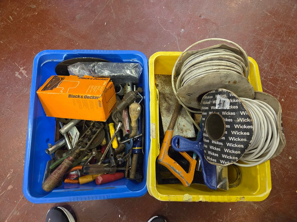 Lot 224 – Two boxes of Assorted Hand Tools, Electrical Cable, and Workshop Accessories