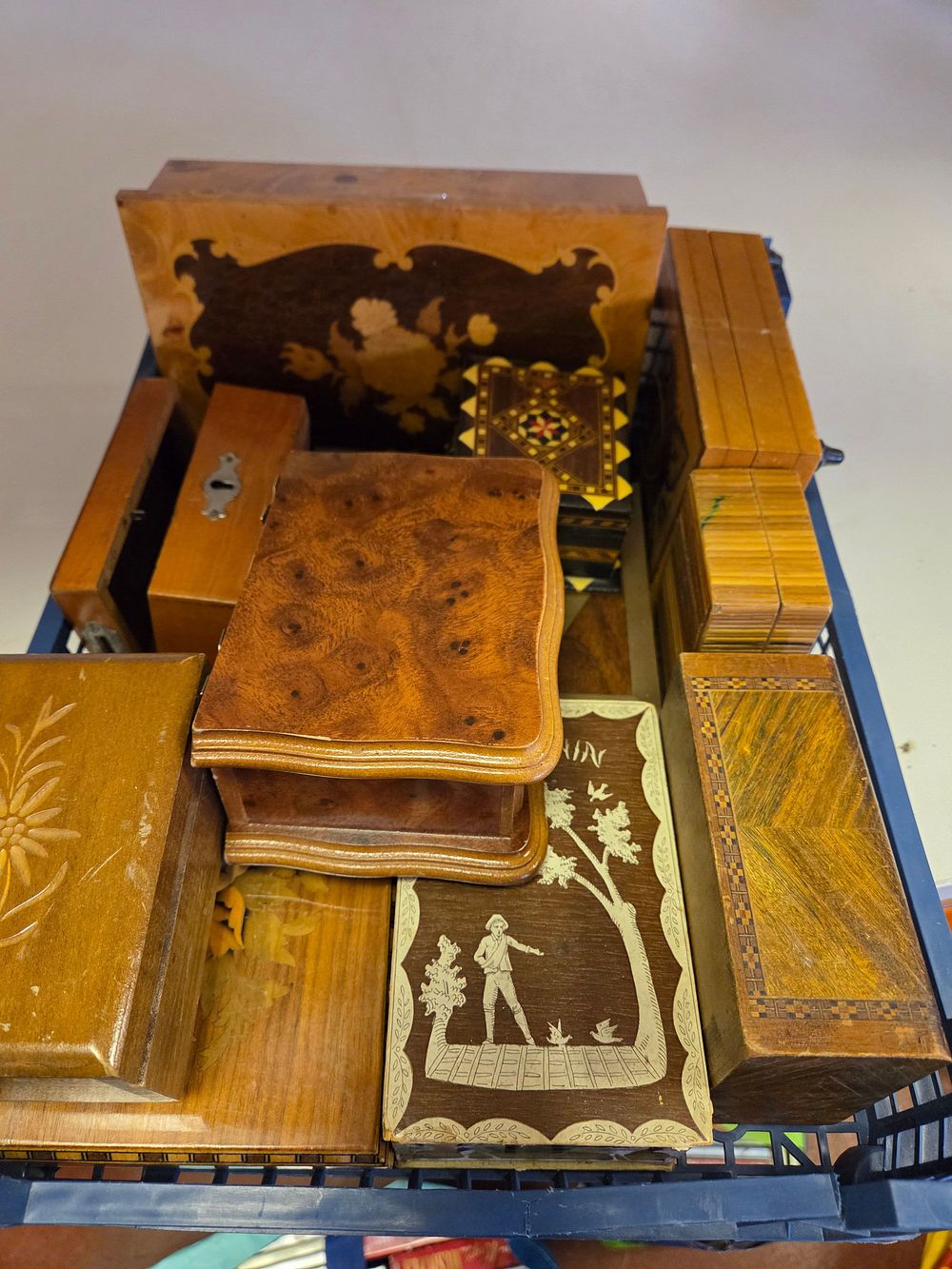 Lot 315 – A Collection of Decorative Wooden Boxes including Marquetry and Burl Wood Veneered Examples