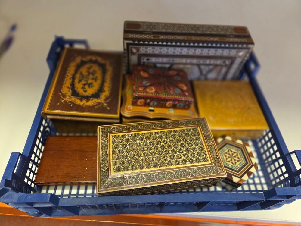 Lot 325 – A Group of Middle Eastern and North African Inlaid and Hand-Painted Decorative Boxes