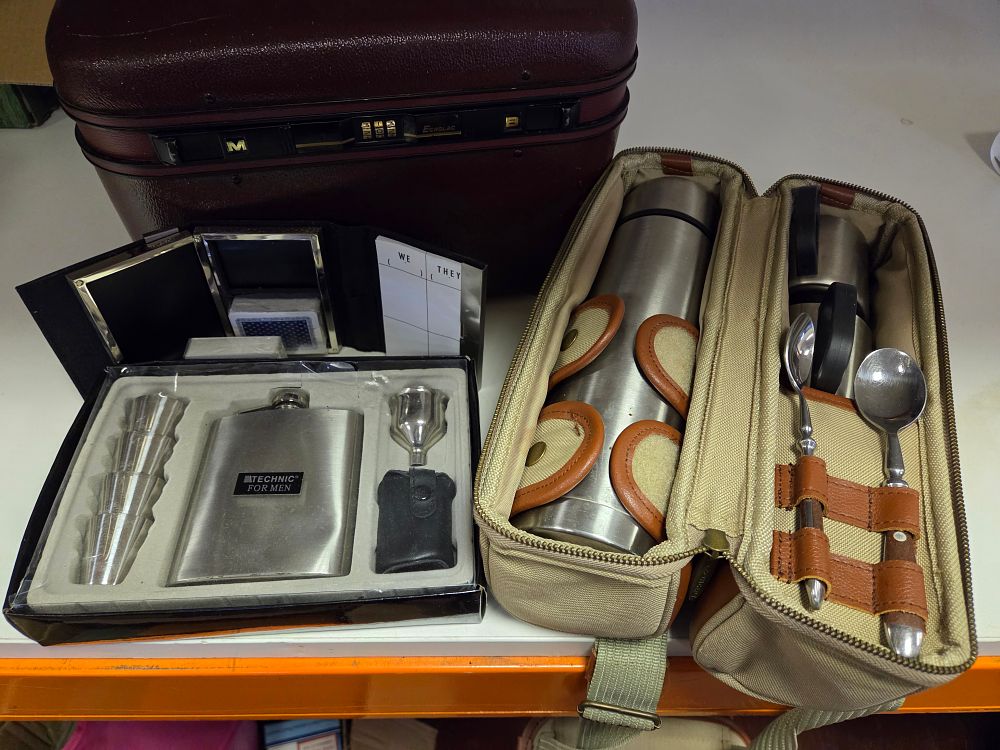 Lot 343 – A Collection of Vintage Travel Accessories Including an Echolac Briefcase and Stainless Steel Bar Sets